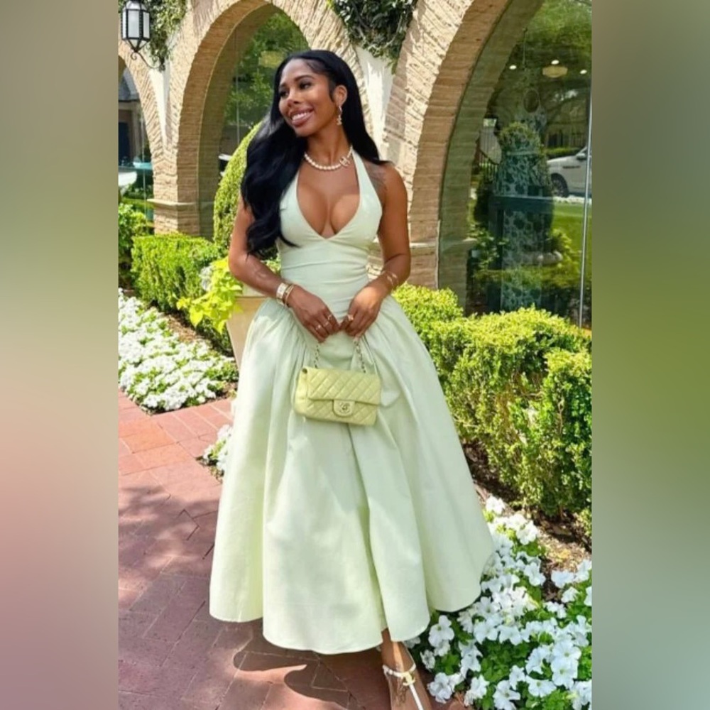 Marilyn Pistachio Cotton Halter Midi Sundress